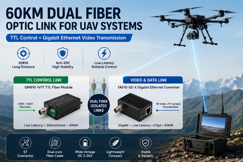 Dernière affaire concernant 60KM Dual Fiber Optic Link for UAV Systems: TTL Control + Gigabit Ethernet Video Transmission