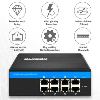 Commutateur Ethernet PoE 8 ports Industriel Non Géré Réseau 120W/240W DC48V Indice IP40