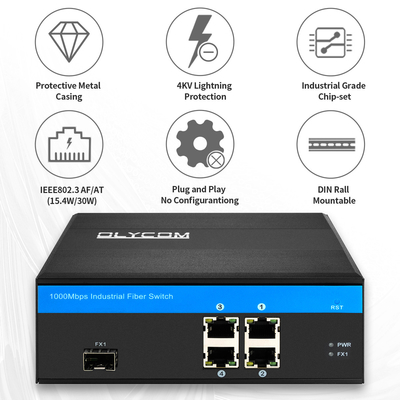 Commutateur fibre Gigabit PoE industriel à 5 ports | Budget d'alimentation de 120 W Emplacement SFP Non géré