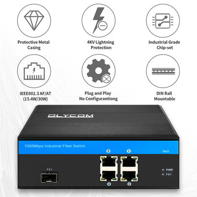 Commutateur fibre Gigabit PoE industriel à 5 ports | Budget d'alimentation de 120 W Emplacement SFP Non géré