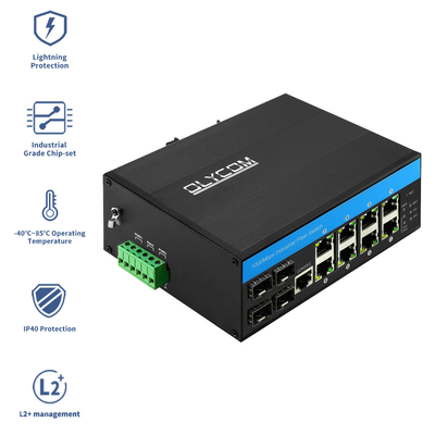 12 ports gérés DC48v Commutateur industriel Poe Din Rail Commutateur à fibre Ethernet Gigabit