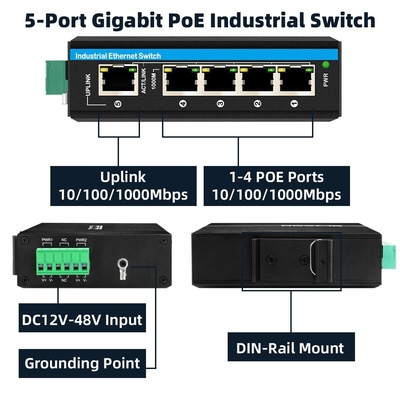 5 ports amplificateur de tension gigabit 12-48VDC entrée commutateur de réseau industriel POE
