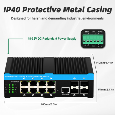 12 ports 10G L2/L3 commutateur Poe+ géré 4*10G Ports Sfp DC48V double entrée de puissance 10g Commutateur Poe