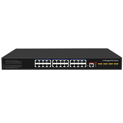 24 ports PoE Switch 10G Fiber300W Budget Console USB L3 Entrée CA gérée