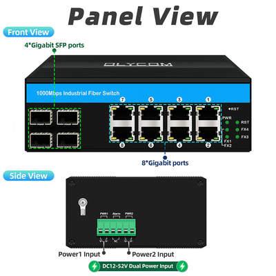 12 ports Commutateur Ethernet industriel Commutateur réseau Din 4SFP+8RJ45 DC12-52V Double alimentation