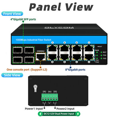 12 ports industriels Gigibit commutateur à fibre optique géré Commutateur Ethernet robuste DC12-52V entrée avec 4 SFP+8 RJ45