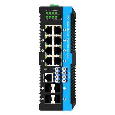 Commutateur de dérivation à fibre industrielle avec 4 ports SFP+ 10G et 8 ports PoE 10/100/1000 Mbps pour environnement difficile
